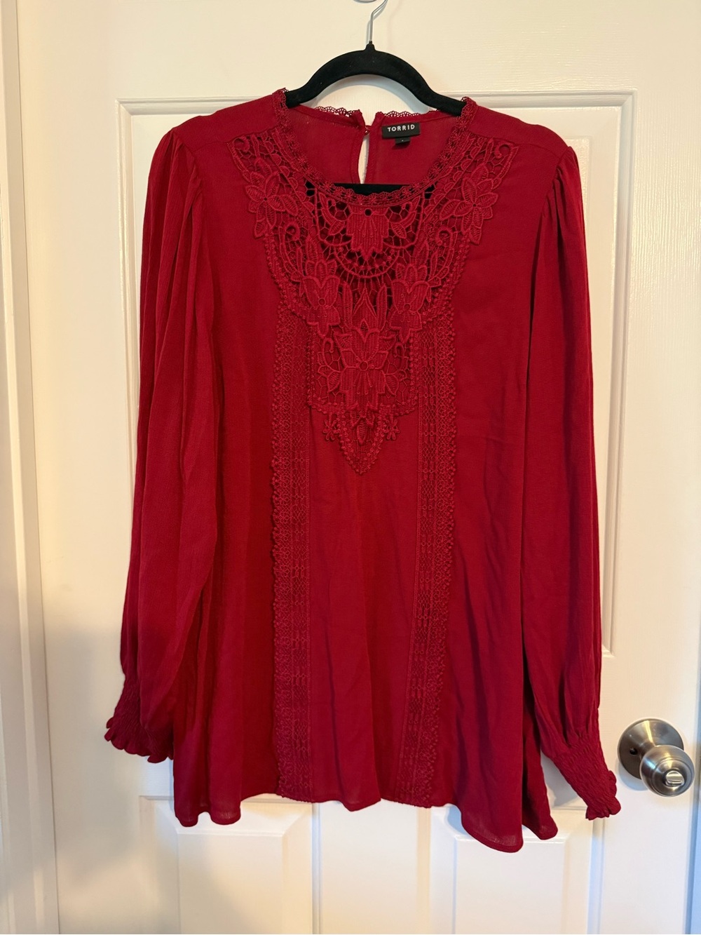 Torrid Womens 1 1X Red Crochet Lace Yoke Long Sleeve Tunic Blouse Gauze Boho